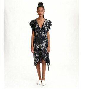 H By Halston Abstract Print Wrap Mini Ruffle Dress Size Large Black White V-Neck